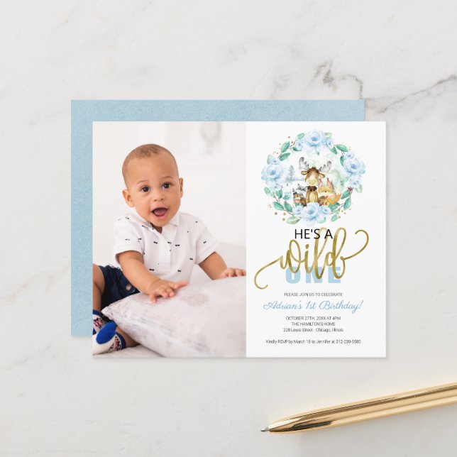 Budge He's A Wild One Photo 1st Birthday Invite  (Front/Back In Situ)
