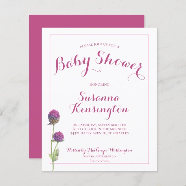Budge Pink Thistle Baby Girl Shower Invitation (Front/Back)