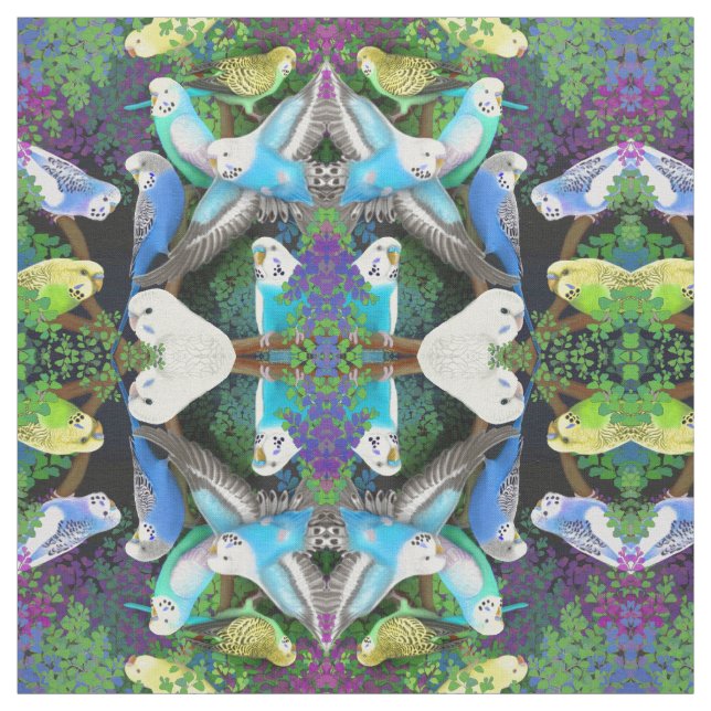 Budgerigar Parrots in Ferns Fabric (Swatch)