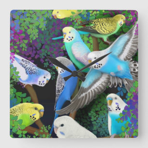 Budgerigars in Ferns Wall Clock