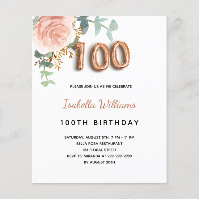 Budget 100th birthday floral rose gold eucalyptus  (Front)