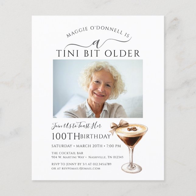 BUDGET 100th Birthday Photo Martini Invitation (Front)
