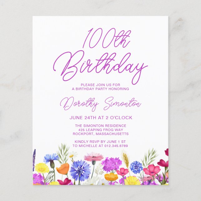 BUDGET 100th Birthday Purple Wildflower Invitation (Front)