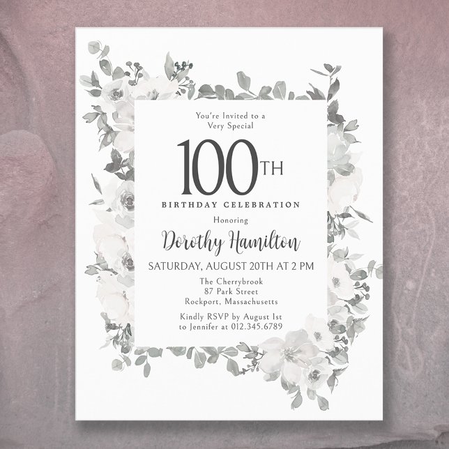 Budget 100th Birthday White Floral Invitation (An elegant way to celebrate an important milestone!)