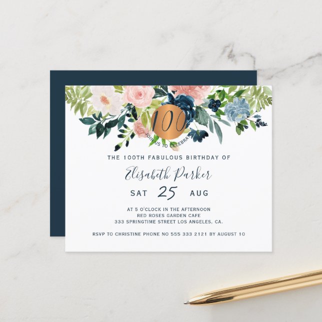 Budget 100th floral birthday party Invitation (Front/Back In Situ)