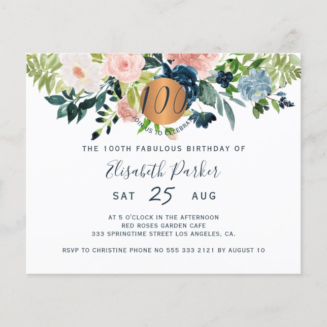 Budget 100th floral birthday party Invitation Flyer (Front)
