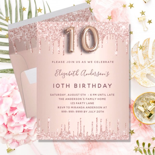 BUDGET 10th birthday rose gold glitter invitation (Creator Uploaded)