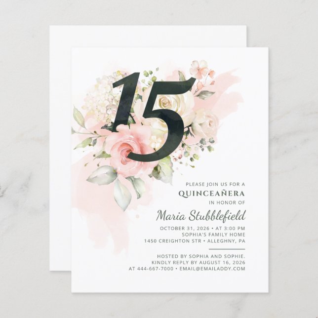 Budget 15th Birthday Floral Quinceanera Invitation (Front/Back)