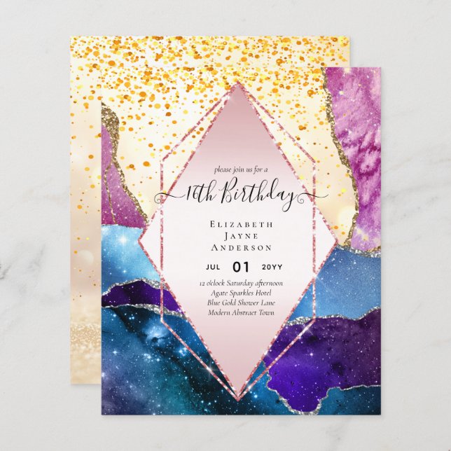 BUDGET 16th Birthday Glittery AGATE Sparkle Invite (Front/Back)