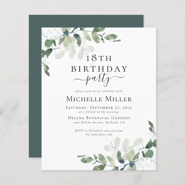 BUDGET 18th Birthday Elegant Eucalyptus Invitation (Front/Back)