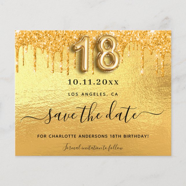 Budget 18th birthday gold glitter save the date (Front)