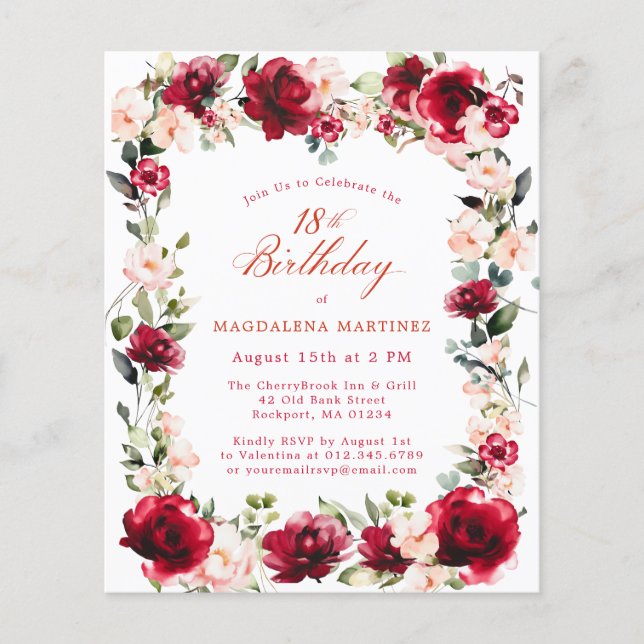 BUDGET 18th Birthday Red Rose Pink Peony Invite (Front)