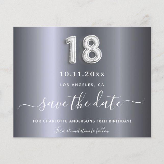 Budget 18th birthday silver metal  save the date (Front)