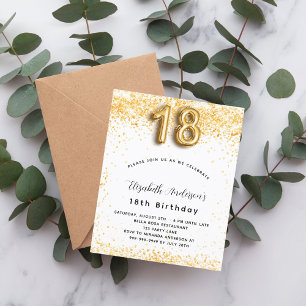 Budget 18th birthday white gold glitter invitation