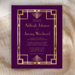 Budget 1920s Vintage Deco Purple Gold Wedding<br><div class="desc">This elegant vintage-inspired wedding invitation features gold-coloured text on a deep velvet blue background,  framed by a rectangular geometric vintage art deco design. A coordinating gold and deep blue art deco fan pattern decorates the back of the card.</div>