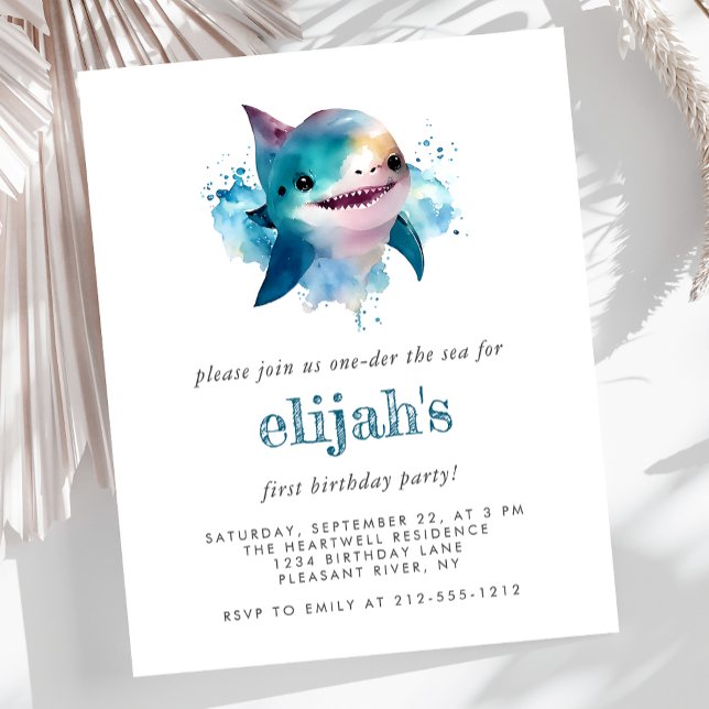 Budget 1st Birthday Blue Watercolor Shark Invite (Creator Uploaded)
