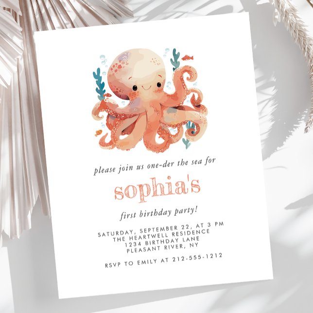 Budget 1st Birthday Cute Watercolor Octopus Invite (Creator Uploaded)