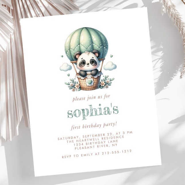 Budget 1st Birthday Green Panda Balloon Invite (Creator Uploaded)