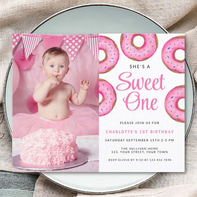 Budget 1st Birthday Photo Doughnut Pink Invitation (Creator Uploaded)