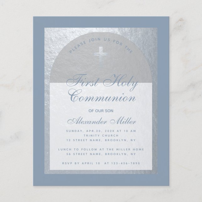 Budget 1st Communion Dusty Blue Silver Invitation (Front)