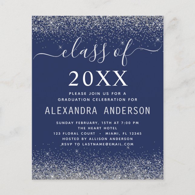 Budget 2021 Navy Blue Silver Graduation Invitation Flyer (Front)
