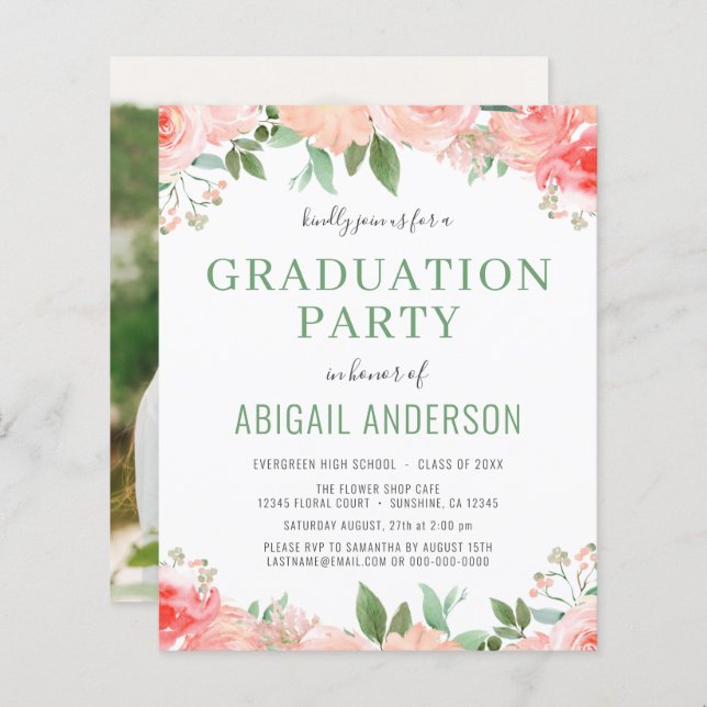 Budget 2023 Floral Photo Graduation Invitation (Front/Back)