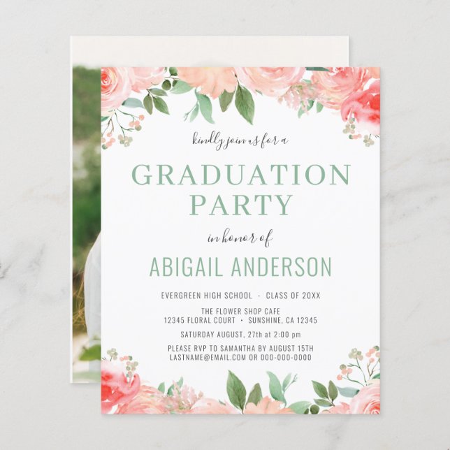 Budget 2023 Grad Party Sage Floral Invitation (Front/Back)