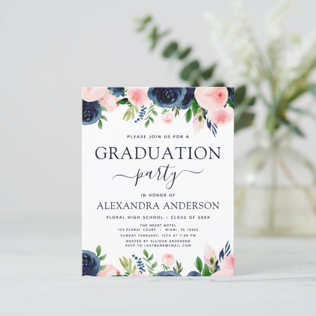 Budget 2023 Graduation Navy Blue Blush Pink Floral (Standing Front)