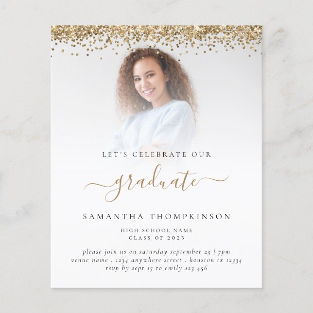 Budget 2024 Grad Photo Gold Glitter Invitation (Front)