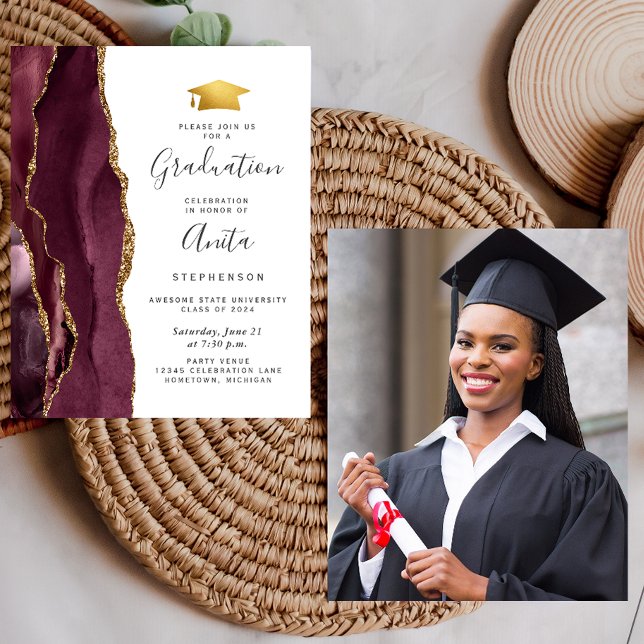 Budget 2024 Graduation Burgundy Agate Photo Invite (Creator Uploaded)