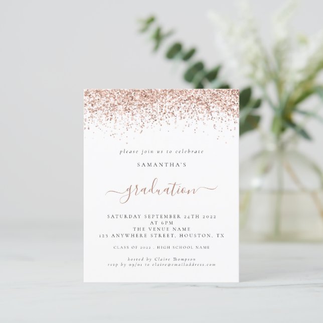 Budget 2024 Graduation Rose Gold Glitter Invite (Standing Front)