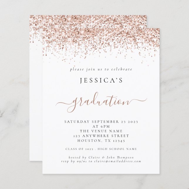 Budget 2024 Graduation Rose Gold Glitter Invite (Front/Back)