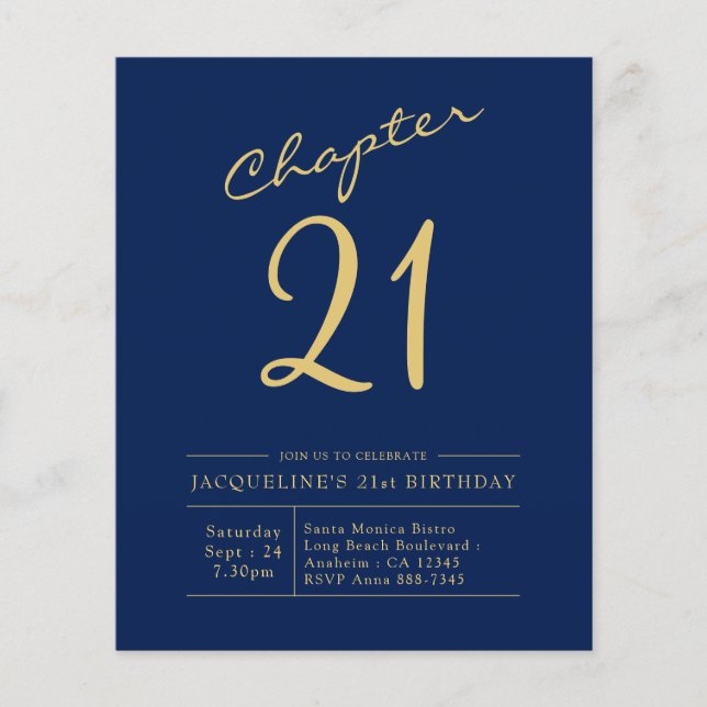 Budget 21st Birthday Invitation Navy Blue Flyer (Front)