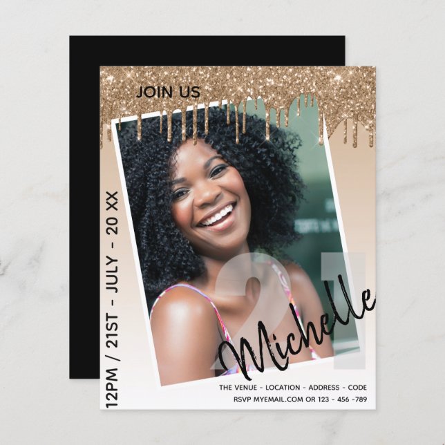 BUDGET 21st Birthday PHOTO Dripping Glitter Invite (Front/Back)