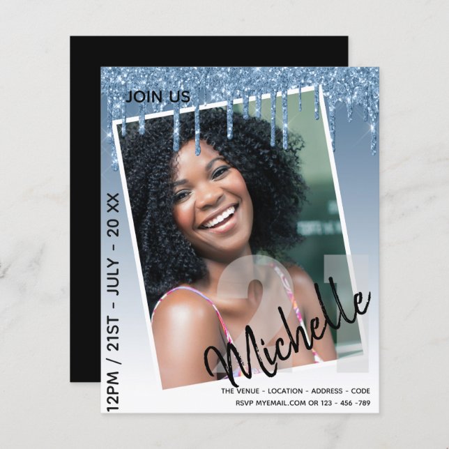 BUDGET 21st Birthday PHOTO Dripping Glitter Invite (Front/Back)