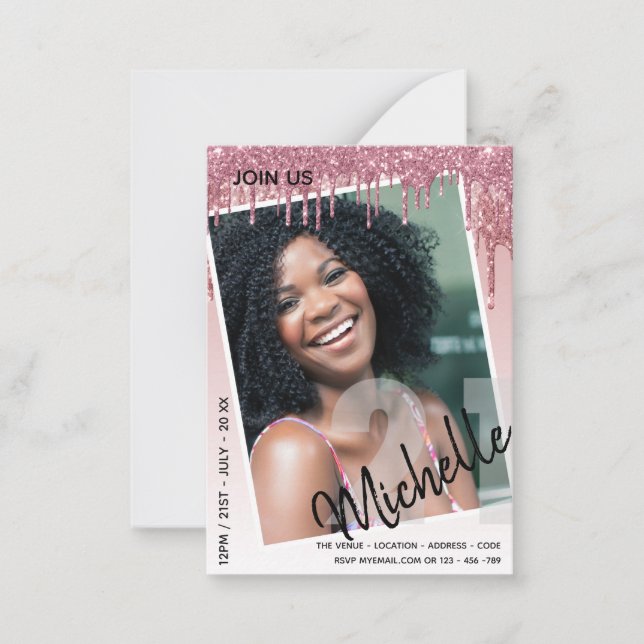 BUDGET 21st Birthday PHOTO Dripping Glitter Invite (Front)