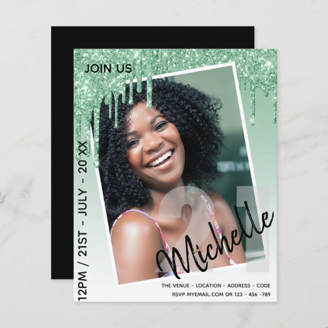 BUDGET 21st Birthday PHOTO Dripping Glitter Invite (Front/Back)
