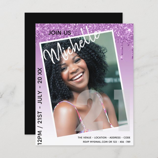 BUDGET 21st Birthday PHOTO Dripping Glitter Invite (Front/Back)