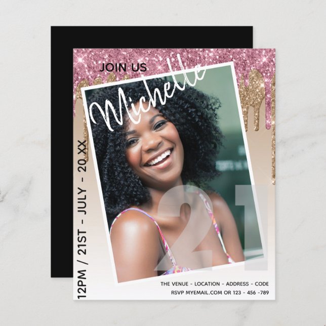 BUDGET 21st Birthday PHOTO Dripping Glitter Invite (Front/Back)