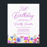 BUDGET 21st Birthday Purple Wildflower Invitation<br><div class="desc">A pretty wildflower border decorates the bottom of this adult 21st birthday party invitation. Purple, blue, yellow and orange flowers create a colourful and happy design to celebrate this milestone birthday. Modern and simple purple calligraphy adds a trendy touch to keep it fresh. The open and carefree lettering flow coordinates...</div>