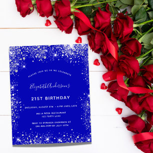Budget 21st birthday royal blue silver invitation