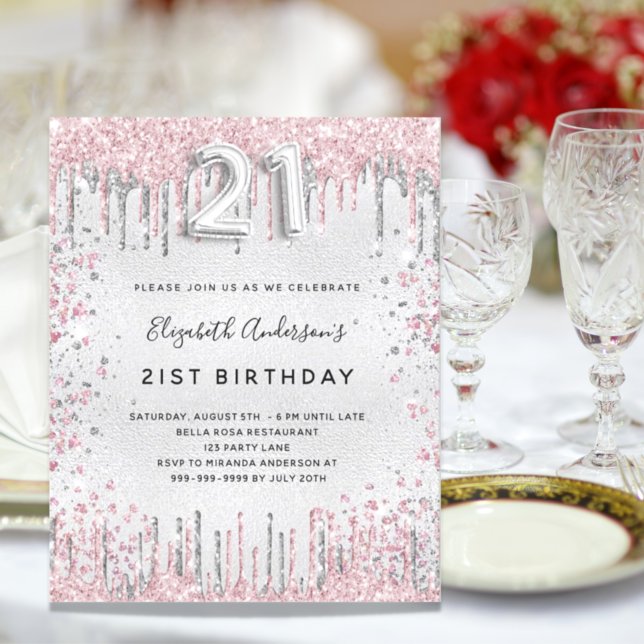Budget 21st birthday silver pink invitation (Creator Uploaded)