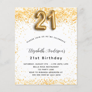 Budget 21st birthday white gold glitter invitation
