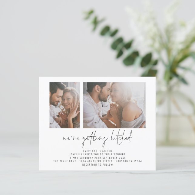 Budget 2 Photo Getting Hitched Wedding Invitation (Standing Front)