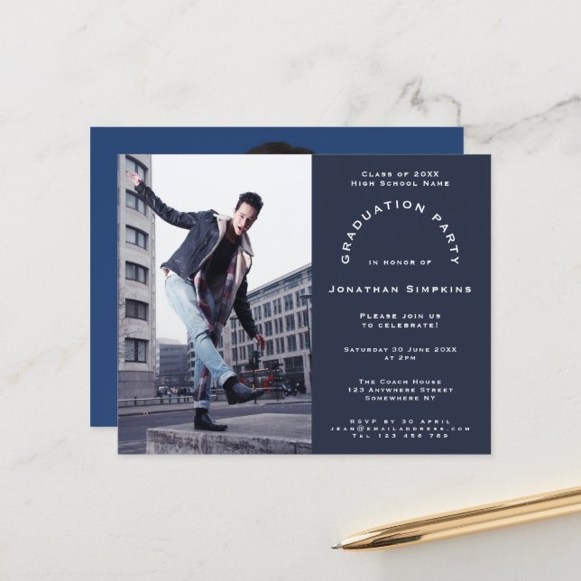 Budget 2 Photo Navy Graduation Party Invitation (Front/Back In Situ)