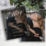 Budget 2 photos elegant script wedding invitation<br><div class="desc">Elegant trendy BUDGET photo wedding invitation with "the wedding of" white text and black overlay featuring a chic calligraphy script. Personalise it with your 2 photos and text. This timeless wedding invite is suitable for modern style formal wedding ceremonies and receptions. PLEASE READ THIS BEFORE PURCHASING! This is a budget...</div>