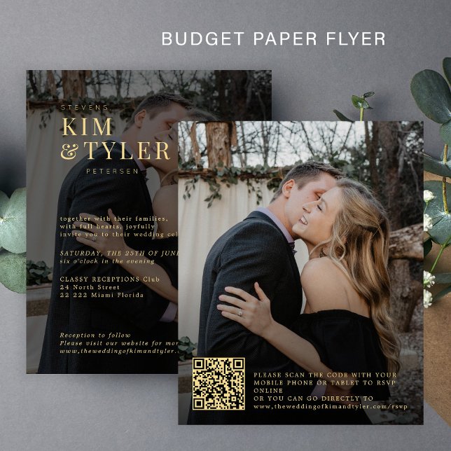 Budget 2 photos QR gold black wedding invitation Flyer (Creator Uploaded)
