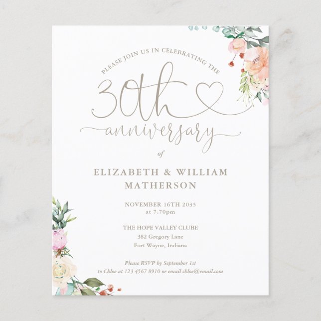 Budget 30th Anniversary Heart Floral Invitation (Front)