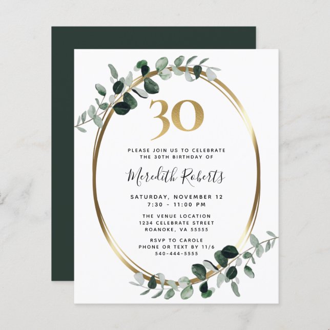 Budget 30th Birthday Eucalyptus Gold Party Invite (Front/Back)
