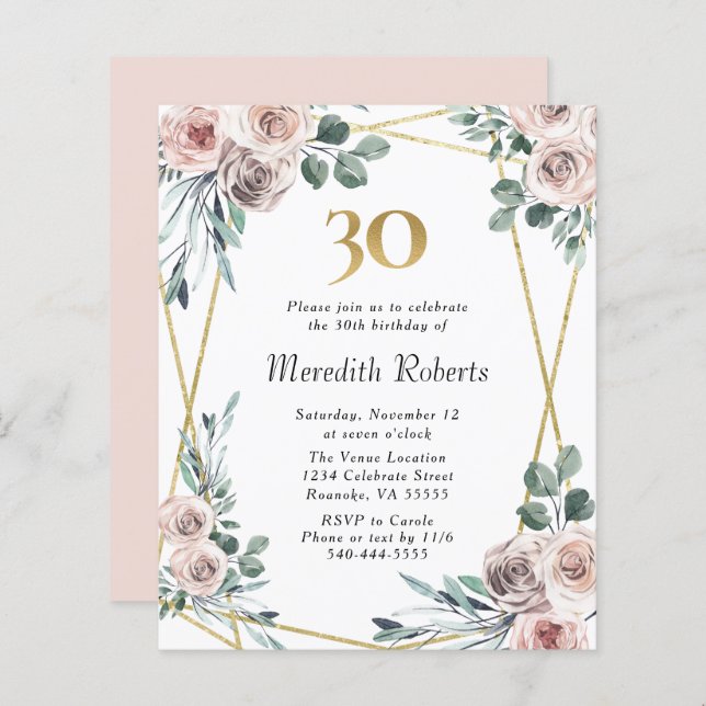 Budget 30th Birthday Floral Gold Party Invite (Front/Back)